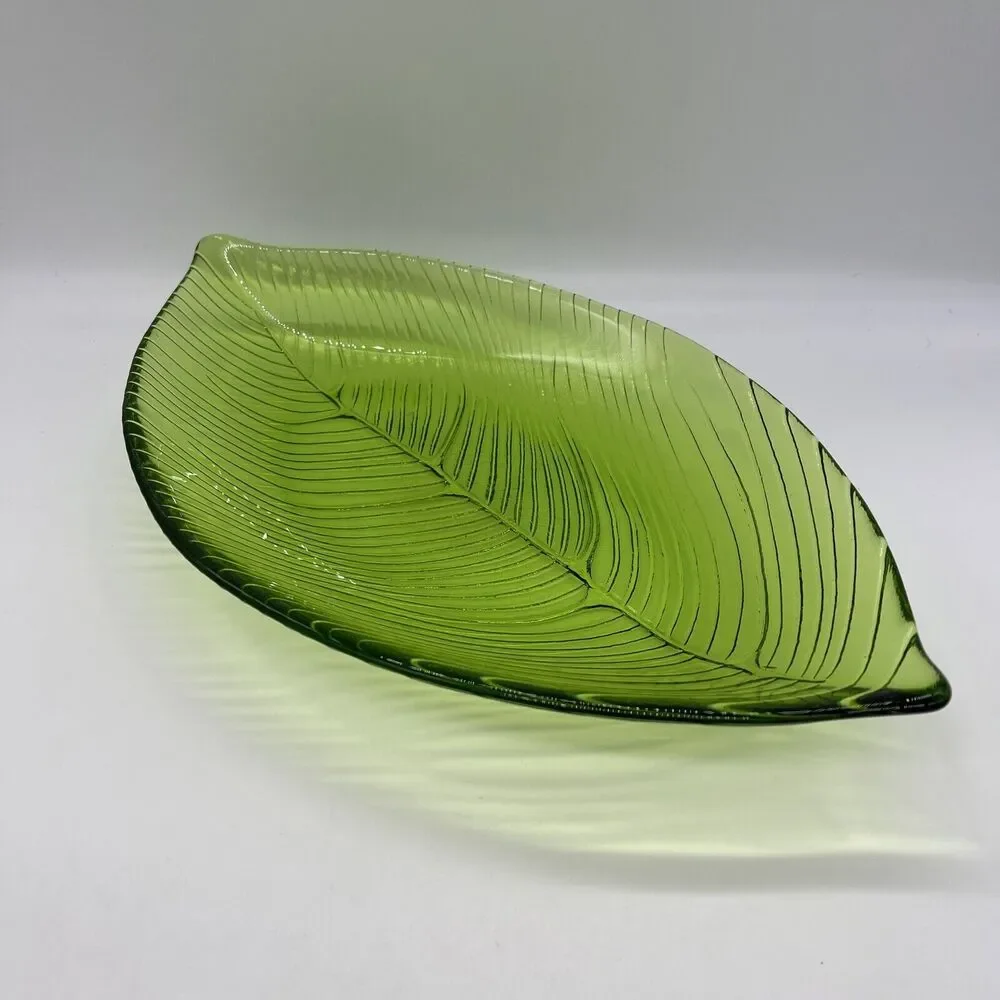 Large Green Leaf Glass Serving Dish Palm Leaf